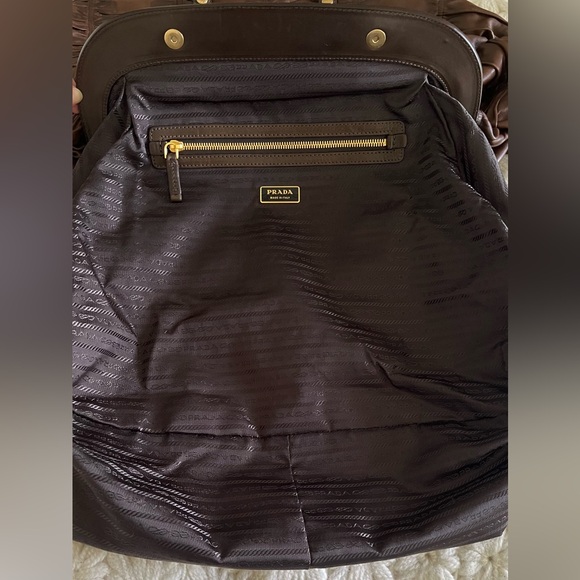 PRADA Nappa Gaufre Ruched Frame Large Bag Brown Soft Leather Tote Purse - Picture 8 of 16